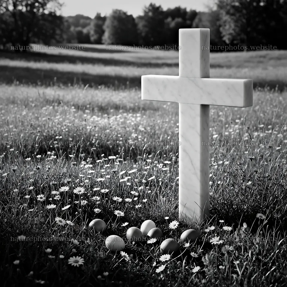 Marble Christian cross in meadow with eggs around it – nature photos 7938x7938