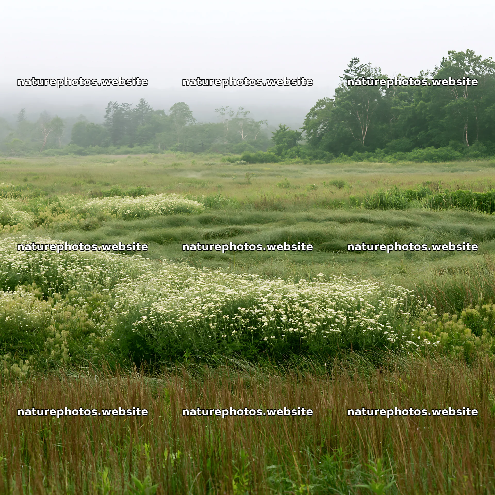 Expansive Hokkaido restoration meadow with dewdrops – nature photos 7938x7938