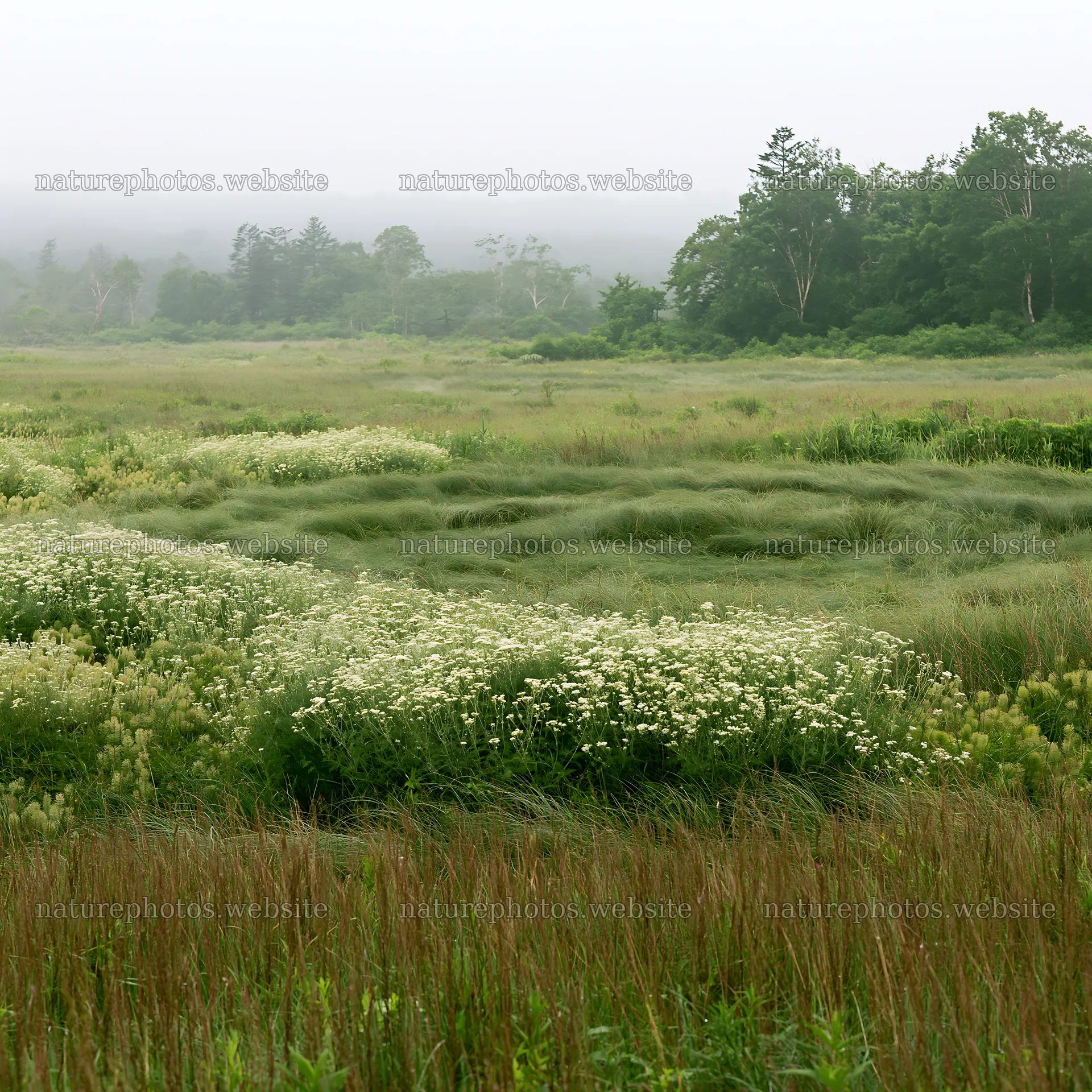 Expansive Hokkaido restoration meadow with dewdrops – nature photos 7938x7938
