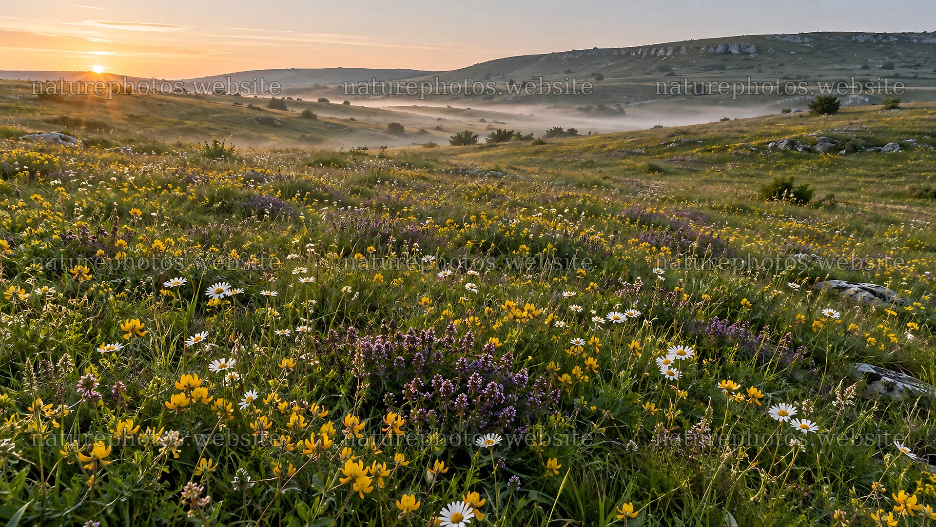 Wildflower Meadow in Morning Mist at Sunrise – nature photos 10324x5812