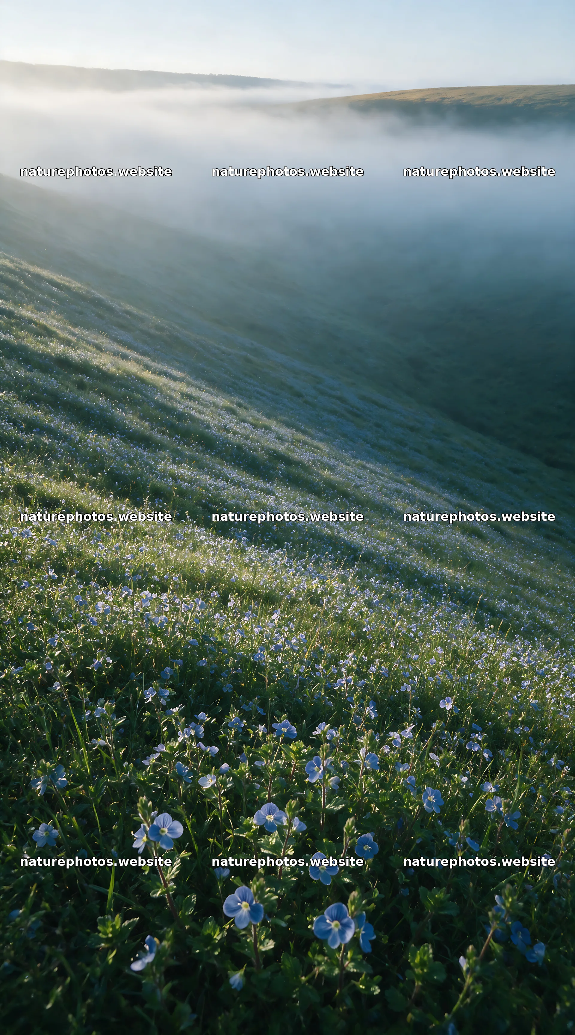 Clover speedwell meadow in morning light on hillside – nature photos 5916x10648