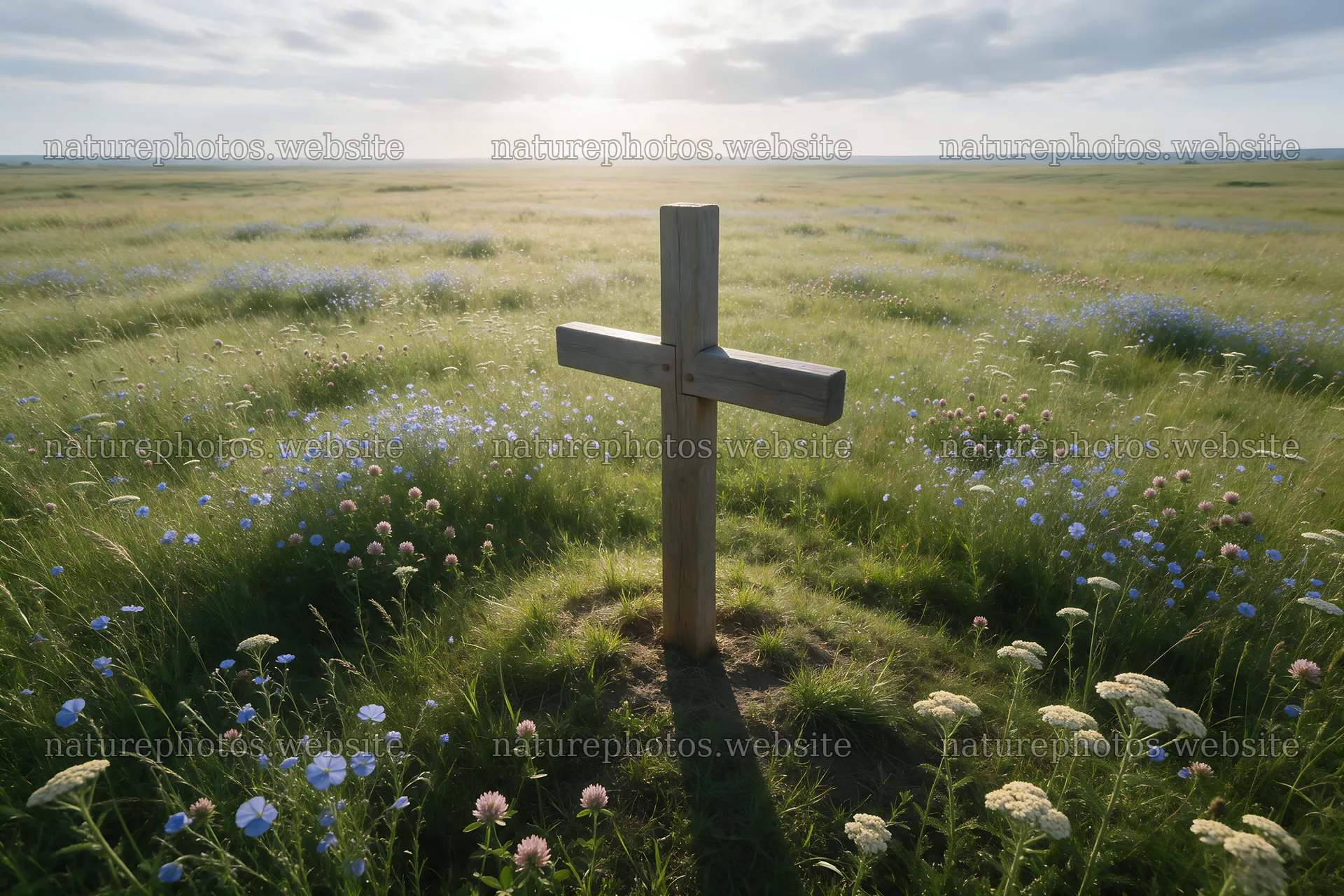 Wooden Christian cross in meadow at sunrise with light rays – nature photos 9722x6480