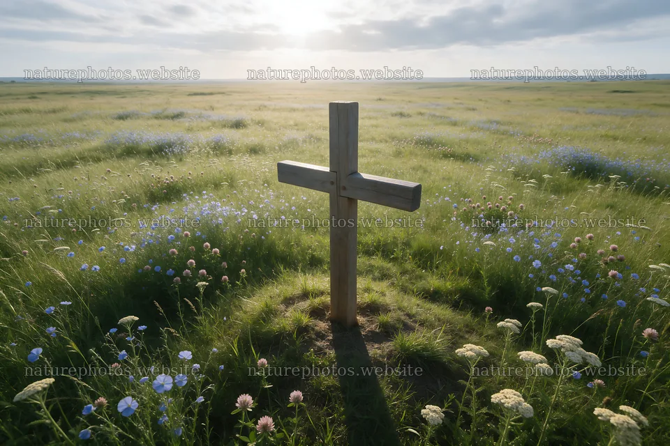 Wooden Christian cross in meadow at sunrise with light rays – nature photos 9722x6480