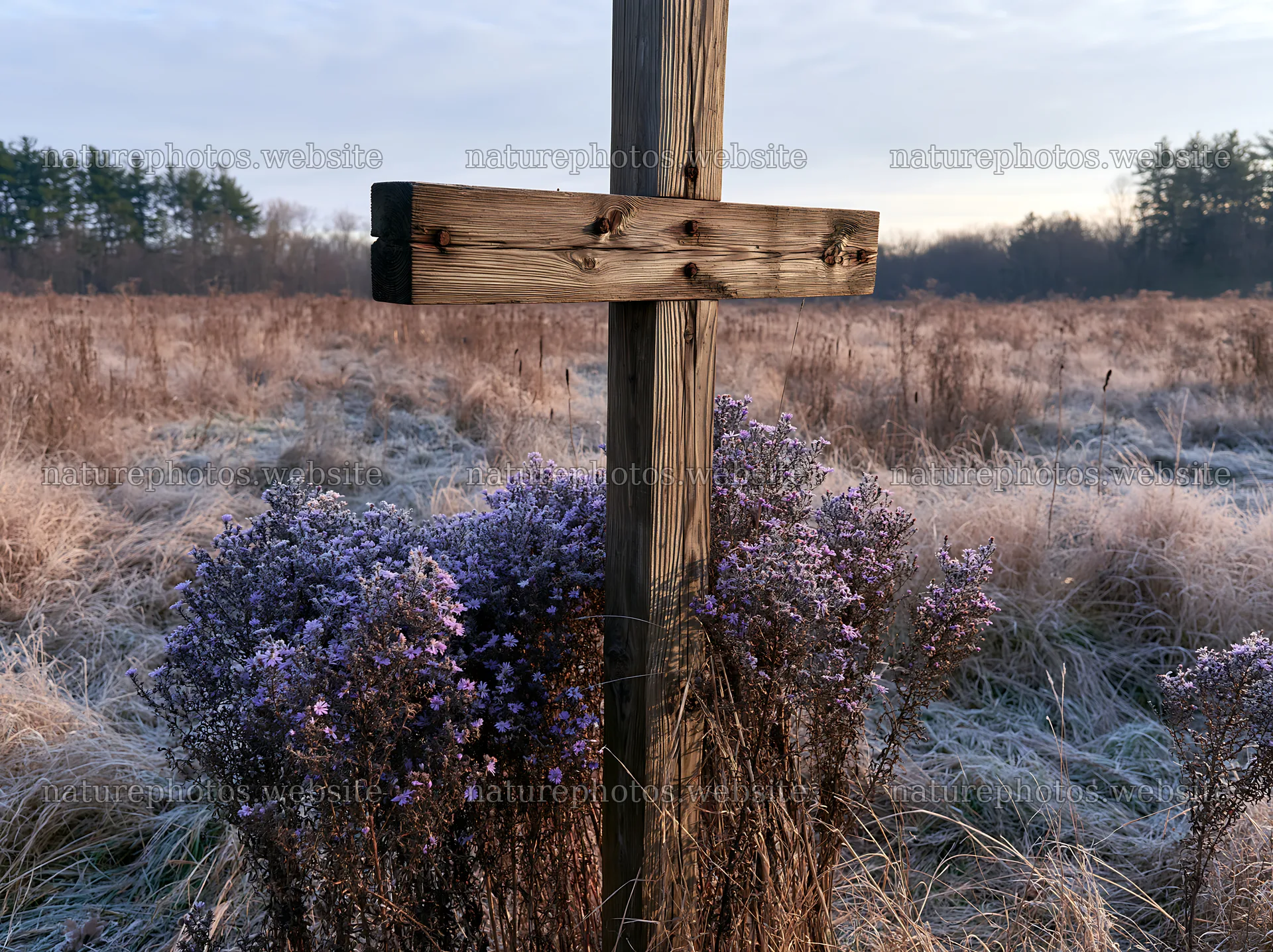 Wooden Christian cross stands in a Christmas meadow – nature photos 9174x6866
