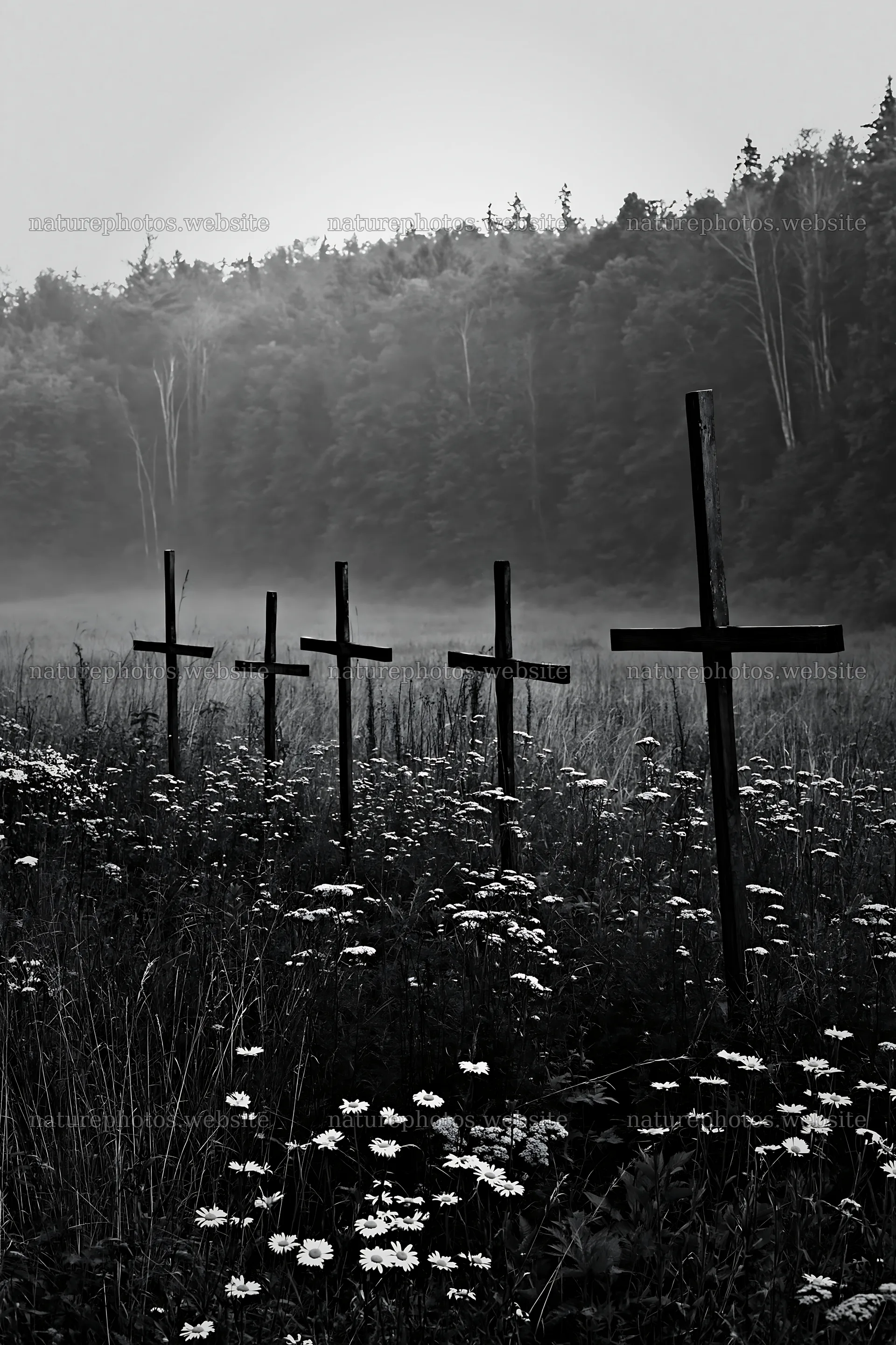 Christian crosses in meadow during early morning light – nature photos 6480x9722