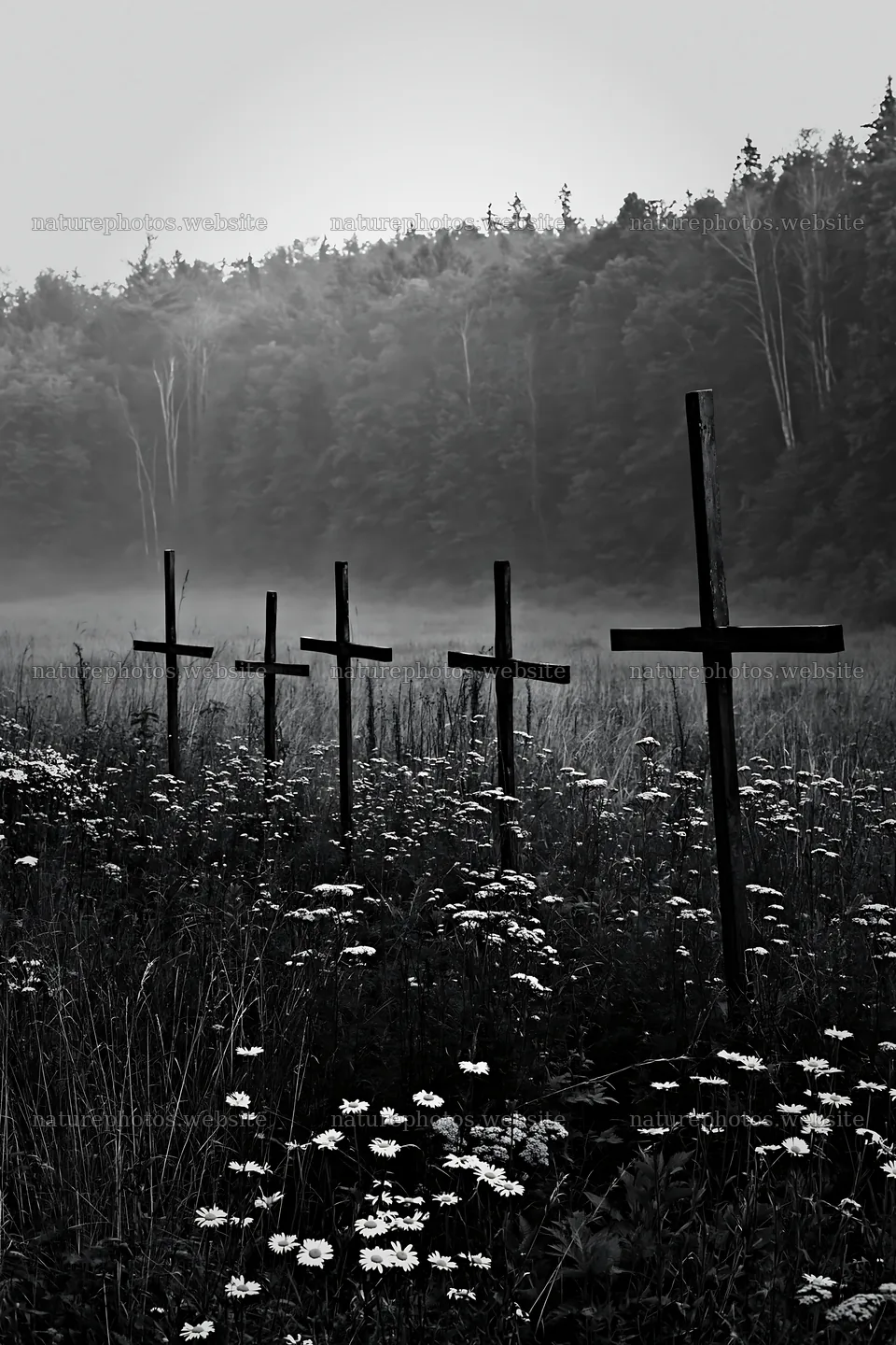 Christian crosses in meadow during early morning light – nature photos 6480x9722