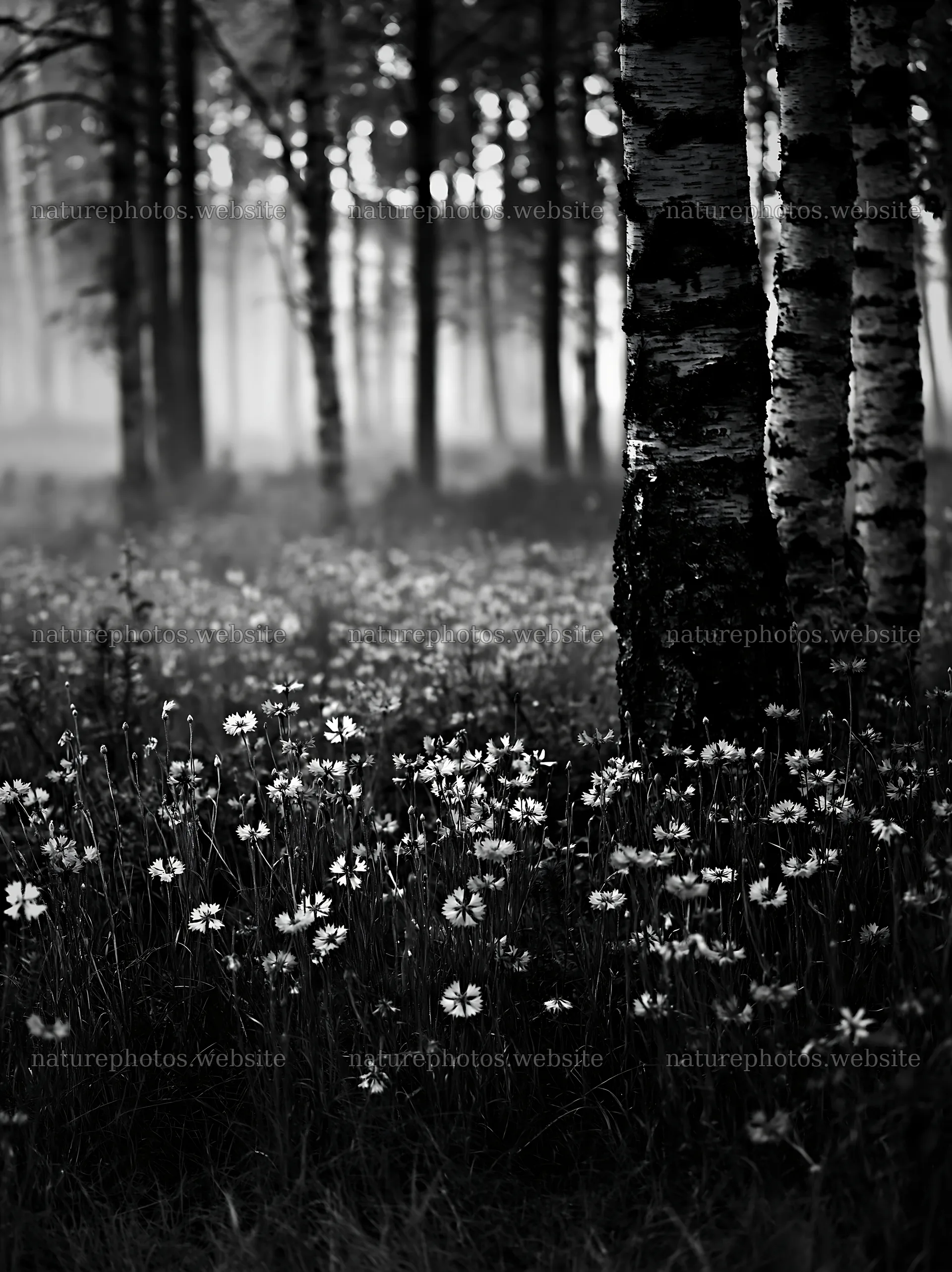 Misty forest meadow with wildflowers and trees in early morning – nature photos 6866x9174