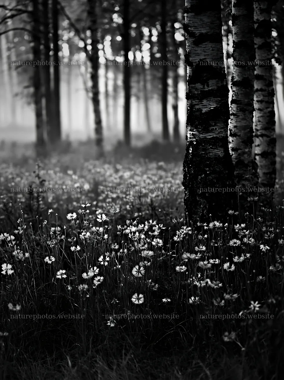Misty forest meadow with wildflowers and trees in early morning – nature photos 6866x9174