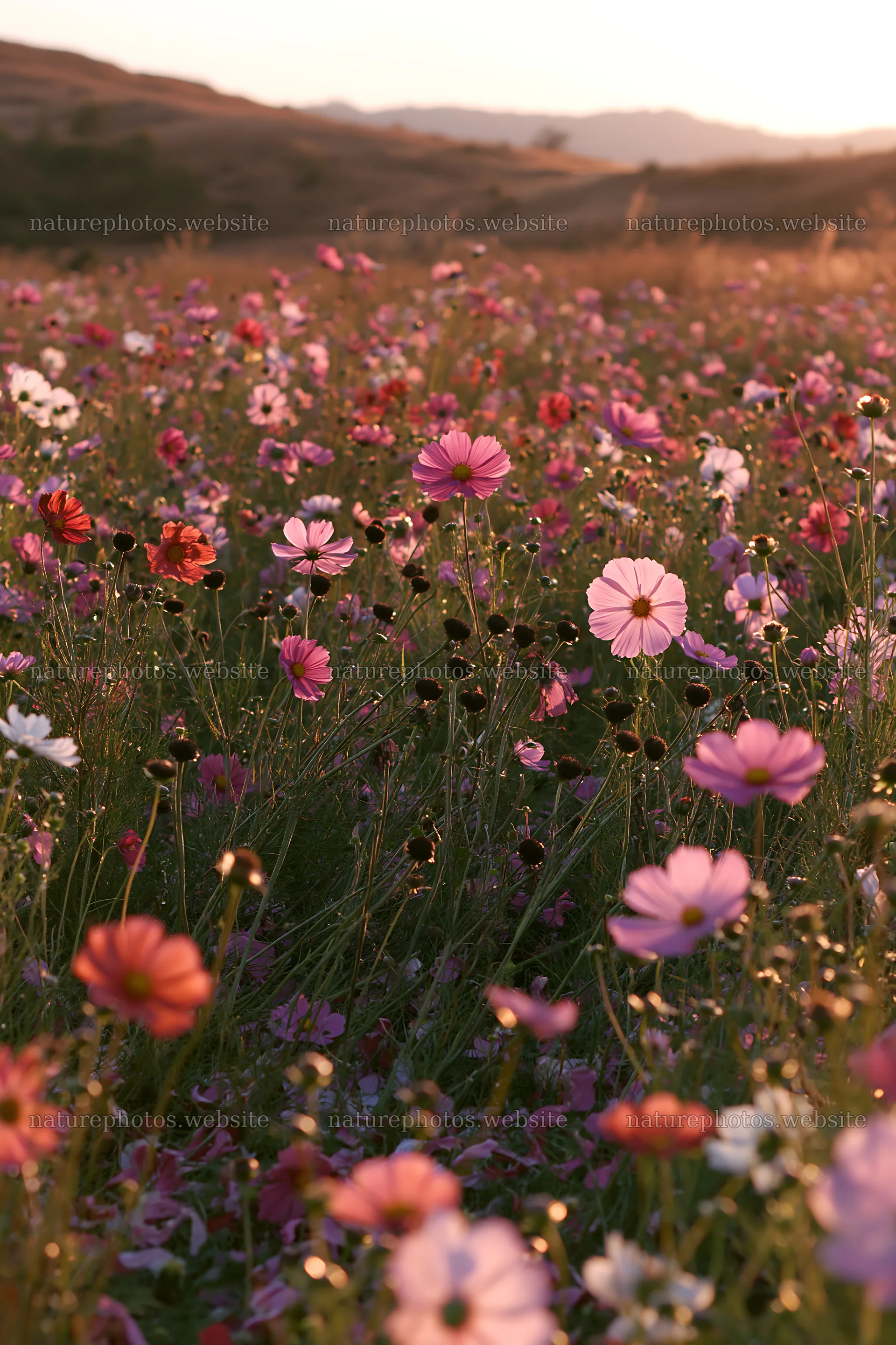 Colorful cosmos meadow filled with flowers at sunset – nature photos 6480x9722