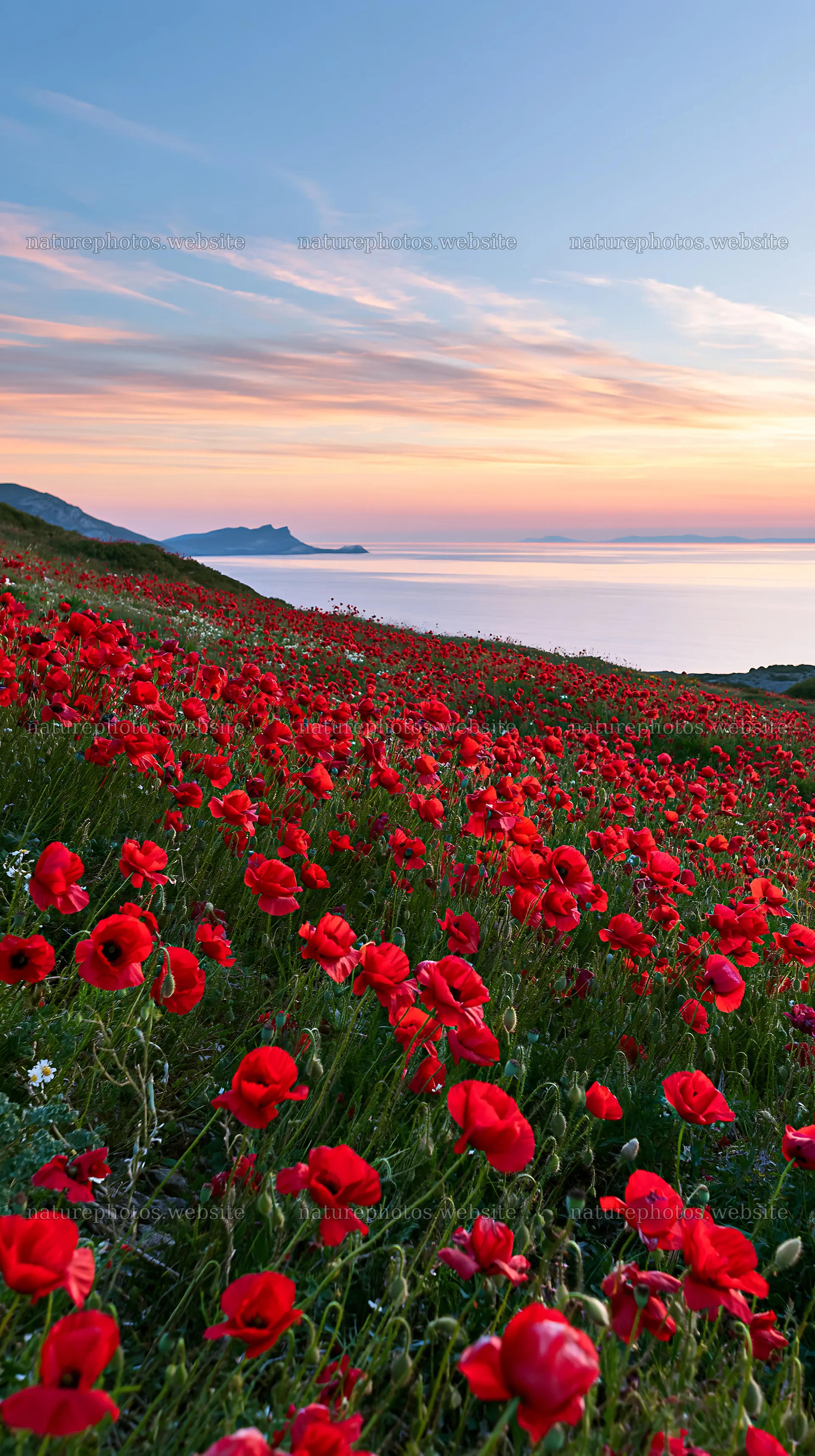 Colorful poppy meadow by the sea at sunset – nature photos 5938x10608