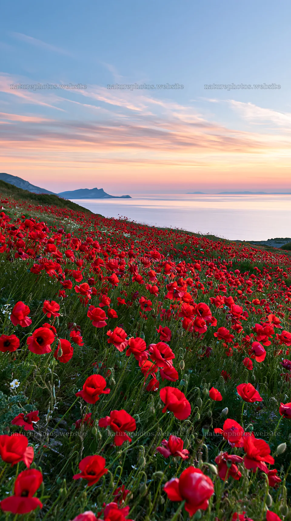Colorful poppy meadow by the sea at sunset – nature photos 5938x10608