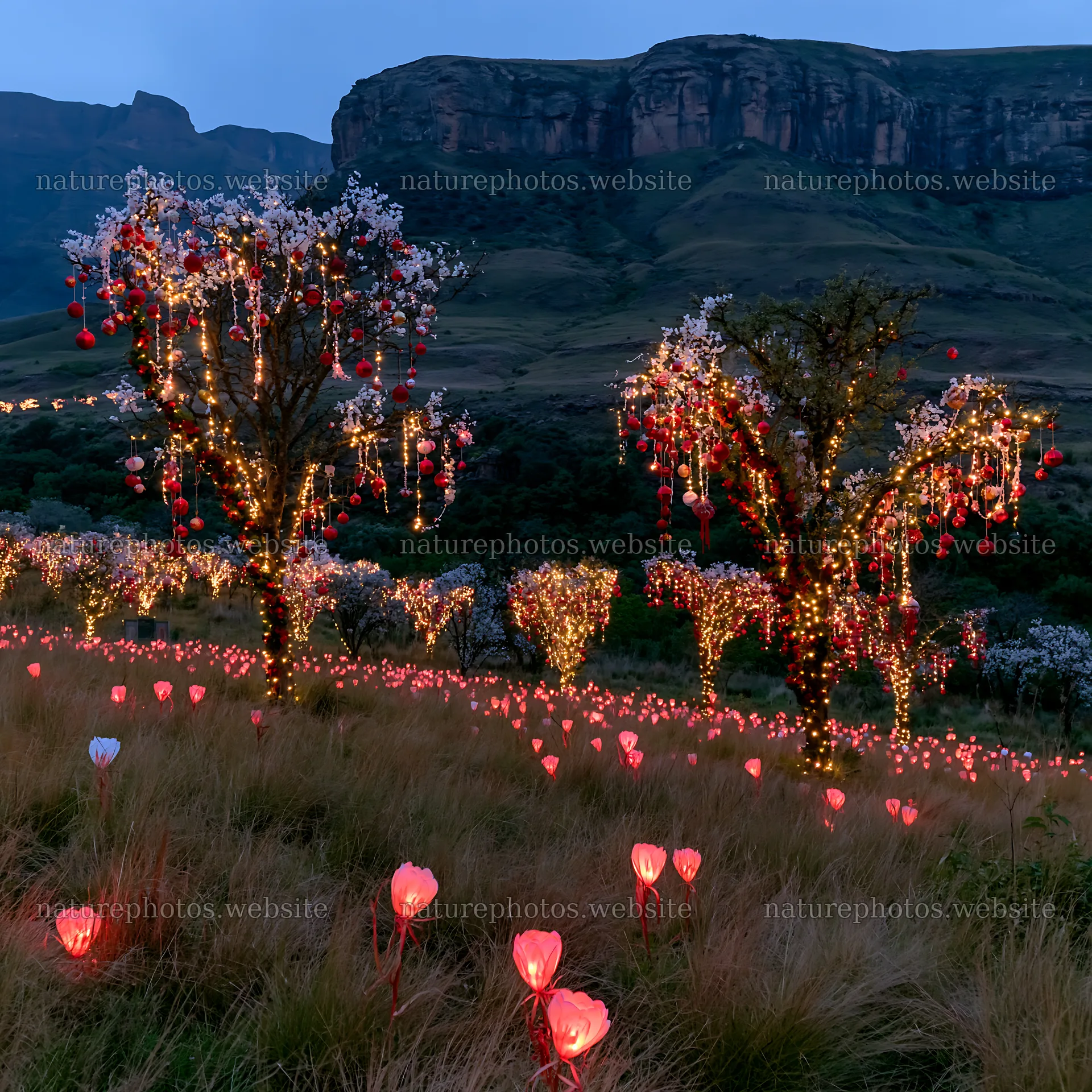 Christmas meadow with lanterns in Drakensberg mountains – nature photos 7938x7938