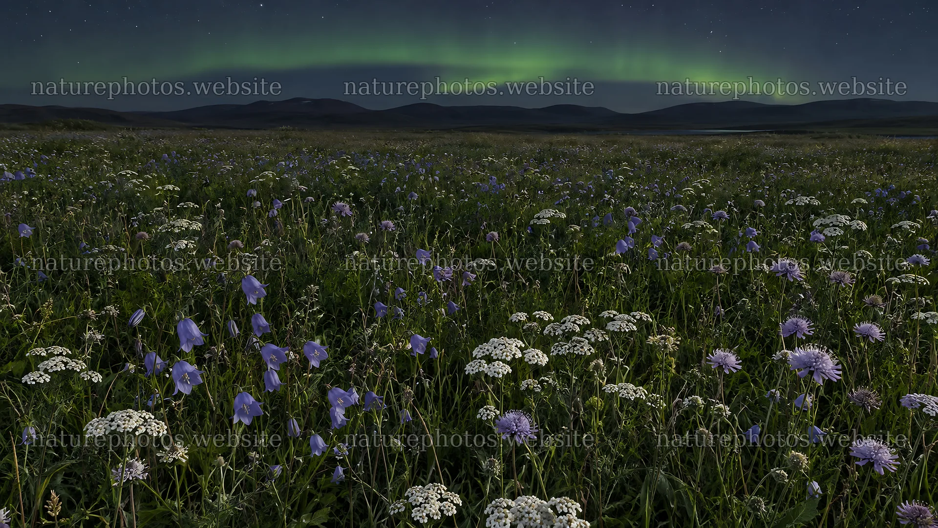 Wildflower Meadow Beneath a Green Aurora – nature photos 10324x5812