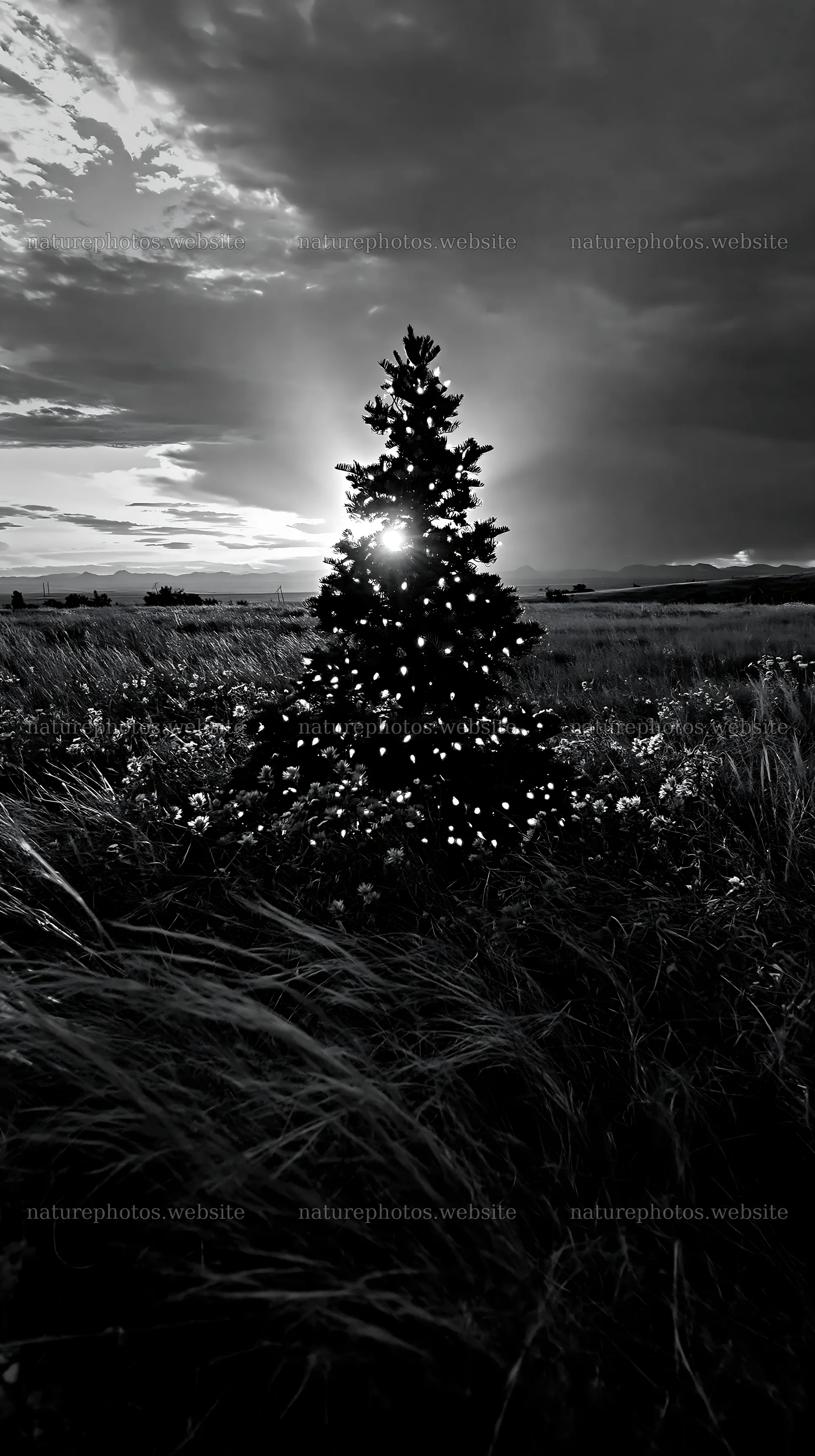 Christmas tree in meadow under bright sky – nature photos 5938x10608