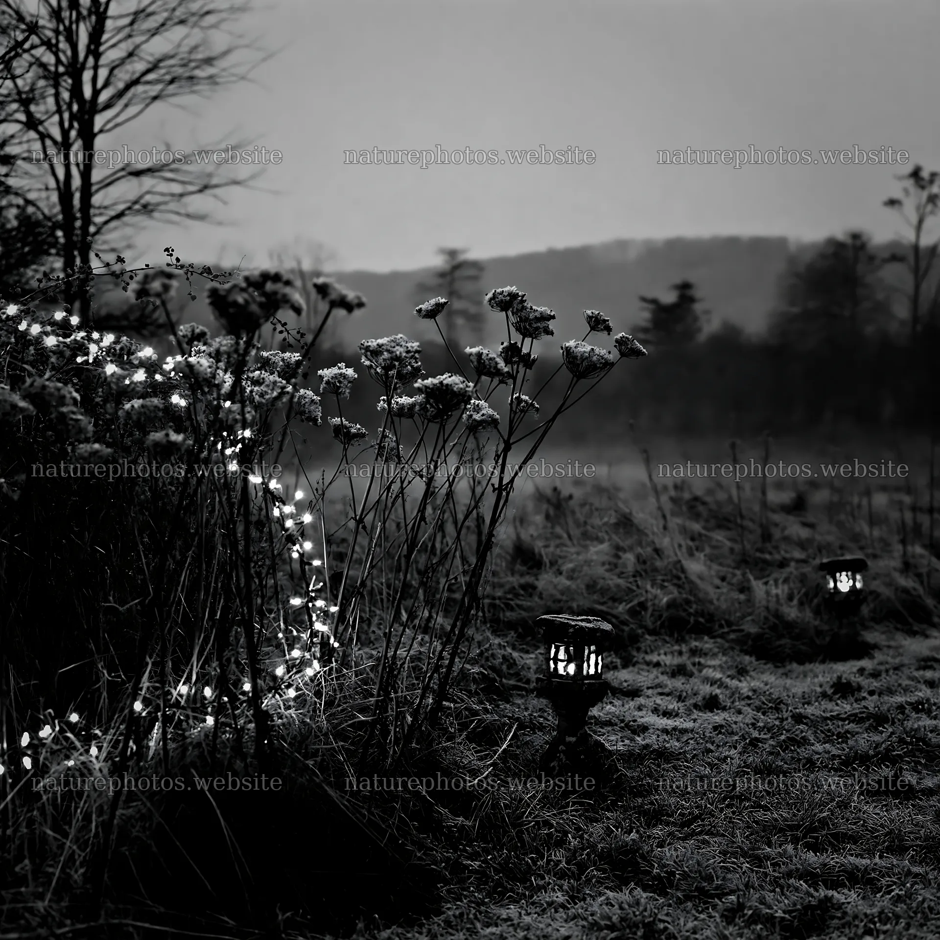 Frosty meadow with lanterns and seedheads during winter – nature photos 7938x7938