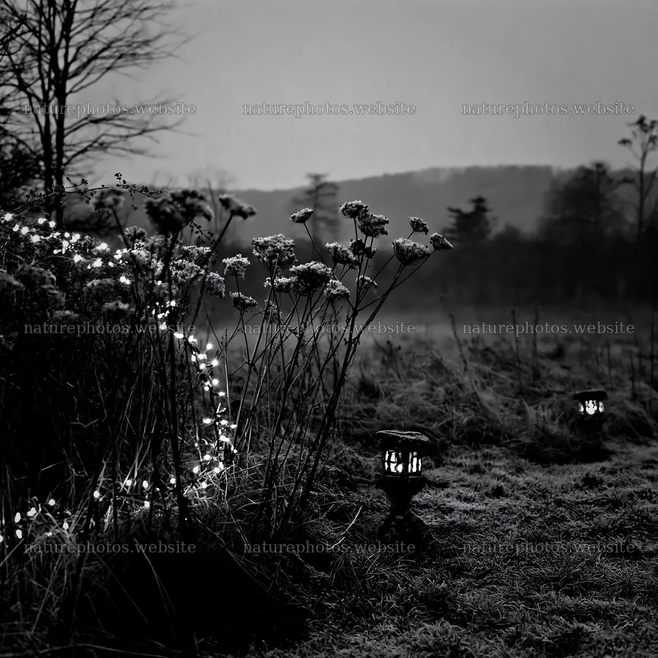 Frosty meadow with lanterns and seedheads during winter – nature photos 7938x7938