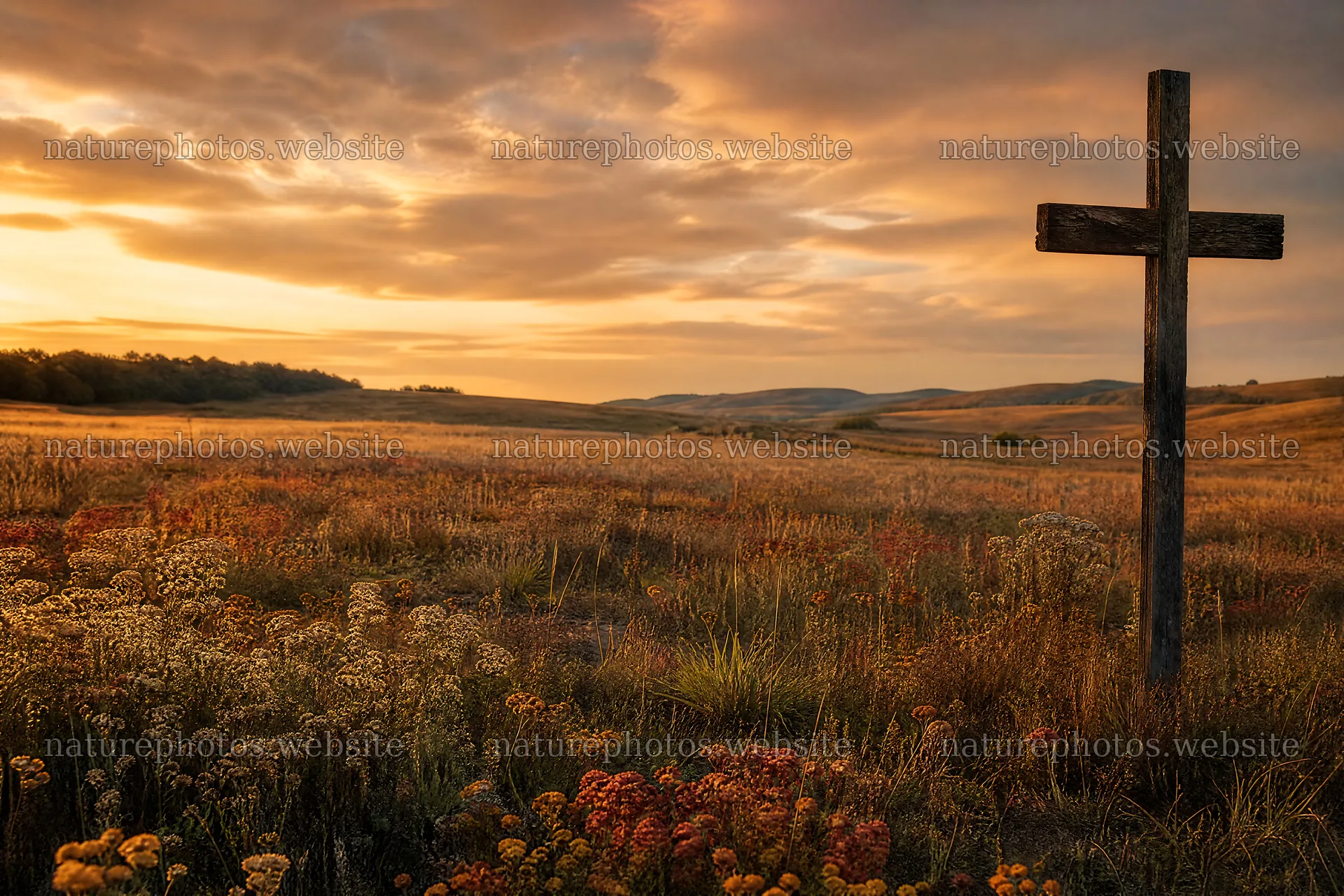 Christian cross in an autumn meadow at sunset – nature photos 9722x6480