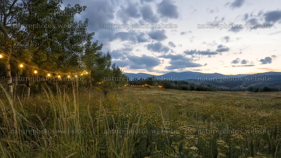 Warm Christmas lights across mountain valley meadow – nature photos 10584x5952