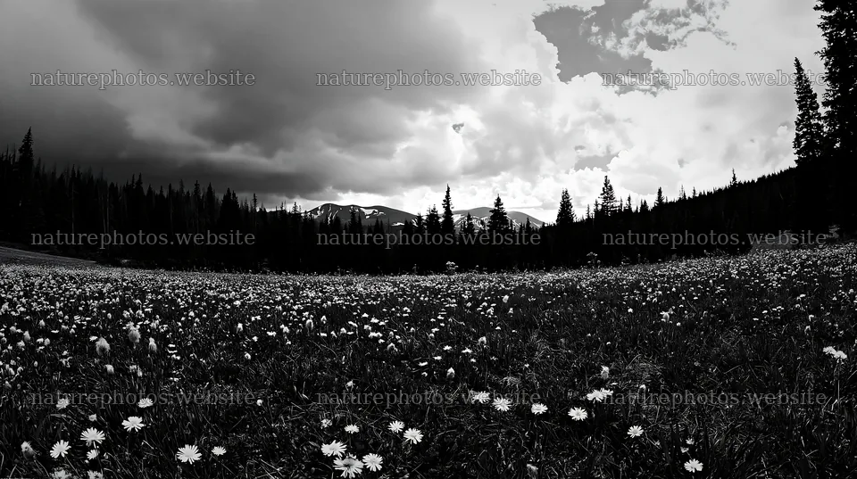 Meadow with seedheads under cloudy sky and mountains – nature photos 10608x5938