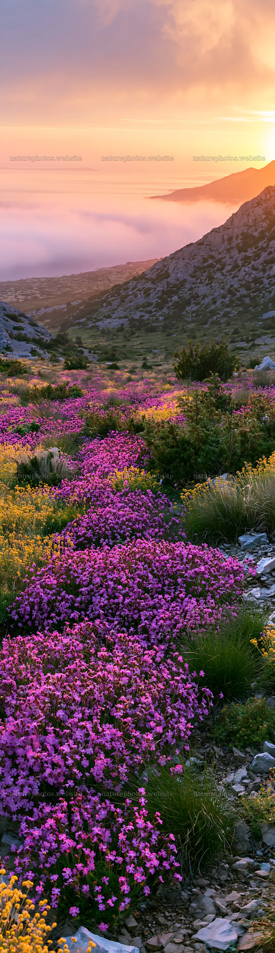Croatian meadow with flowers above Adriatic coast during sunset – nature photos 4268x14762