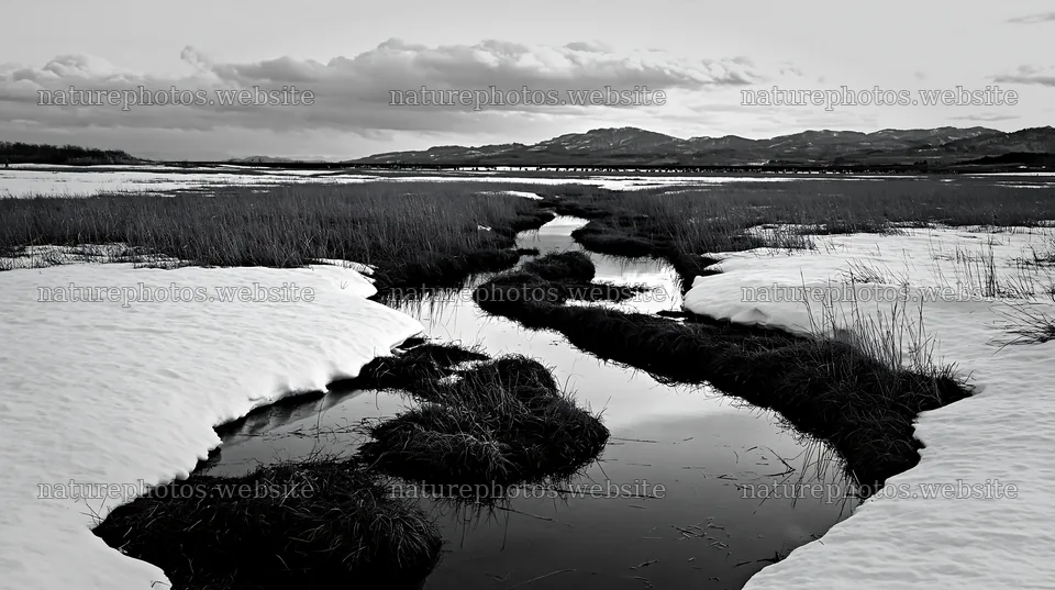 Akita snowmelt meadow with silver grasses and water stream – nature photos 10608x5938