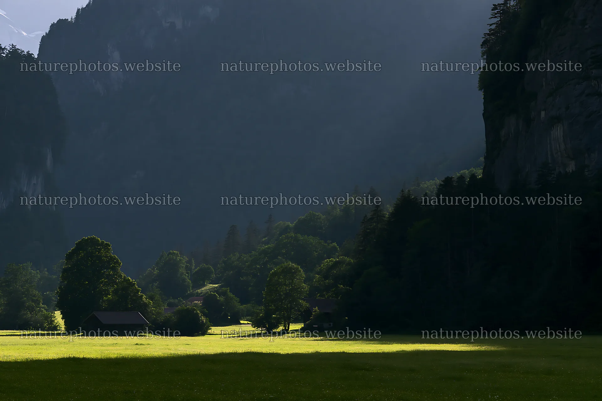 Lauterbrunnen Valley meadow with light rays and mountains – nature photos 9722x6480