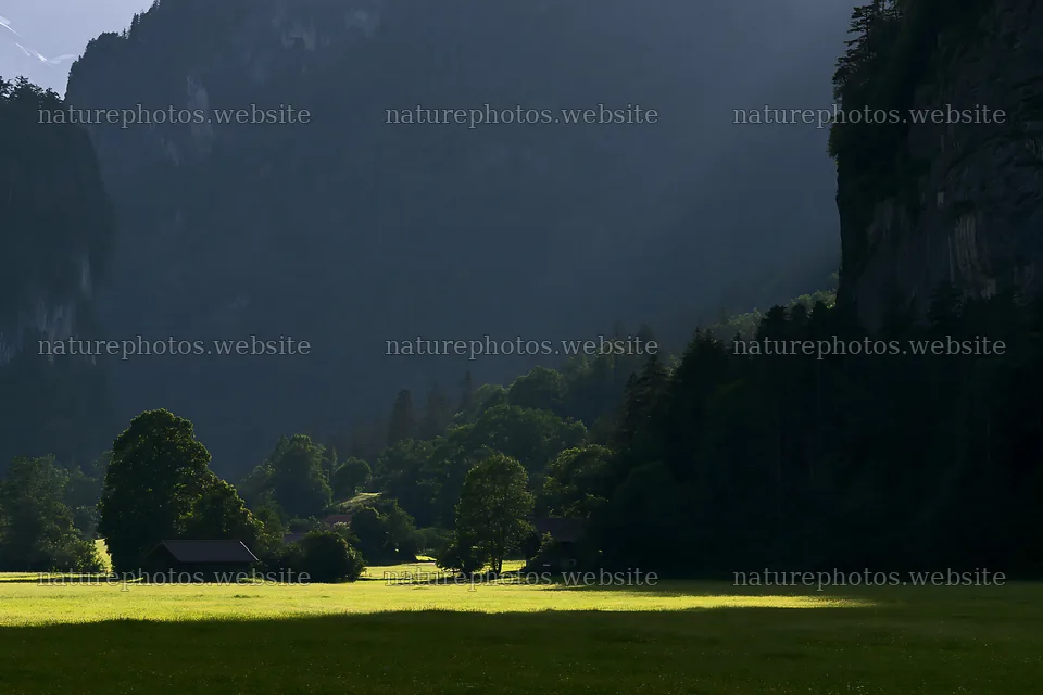 Lauterbrunnen Valley meadow with light rays and mountains – nature photos 9722x6480