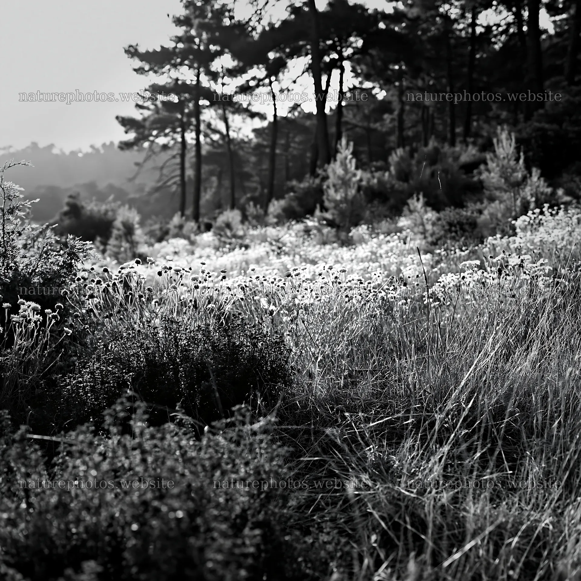 Pine forest meadow with flowers in black and white – nature photos 7938x7938