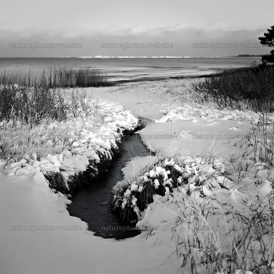 Snowy beach meadow with a stream and ocean view – nature photos 7938x7938