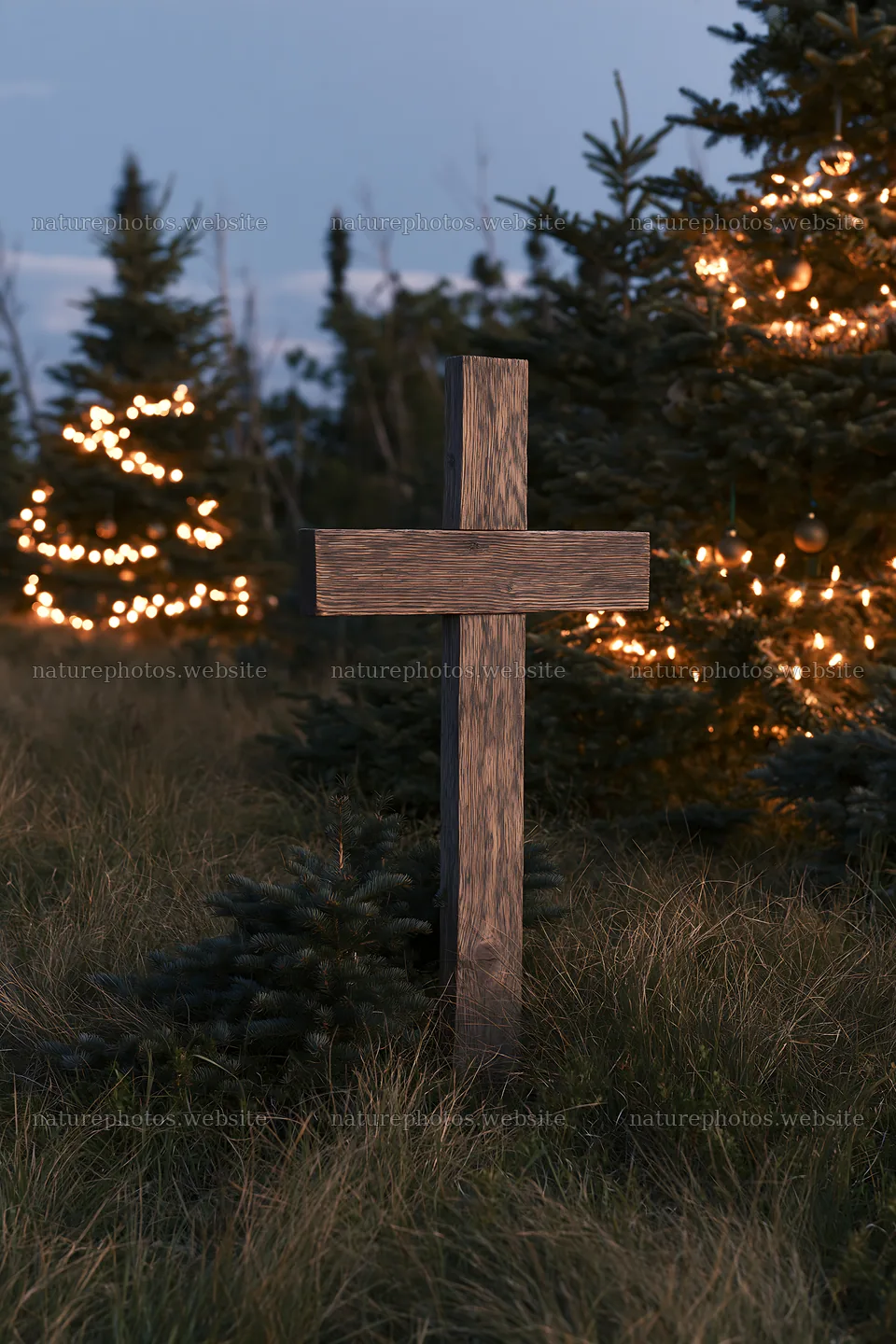 Wooden Christian cross in mountain meadow with lights – nature photos 6480x9722