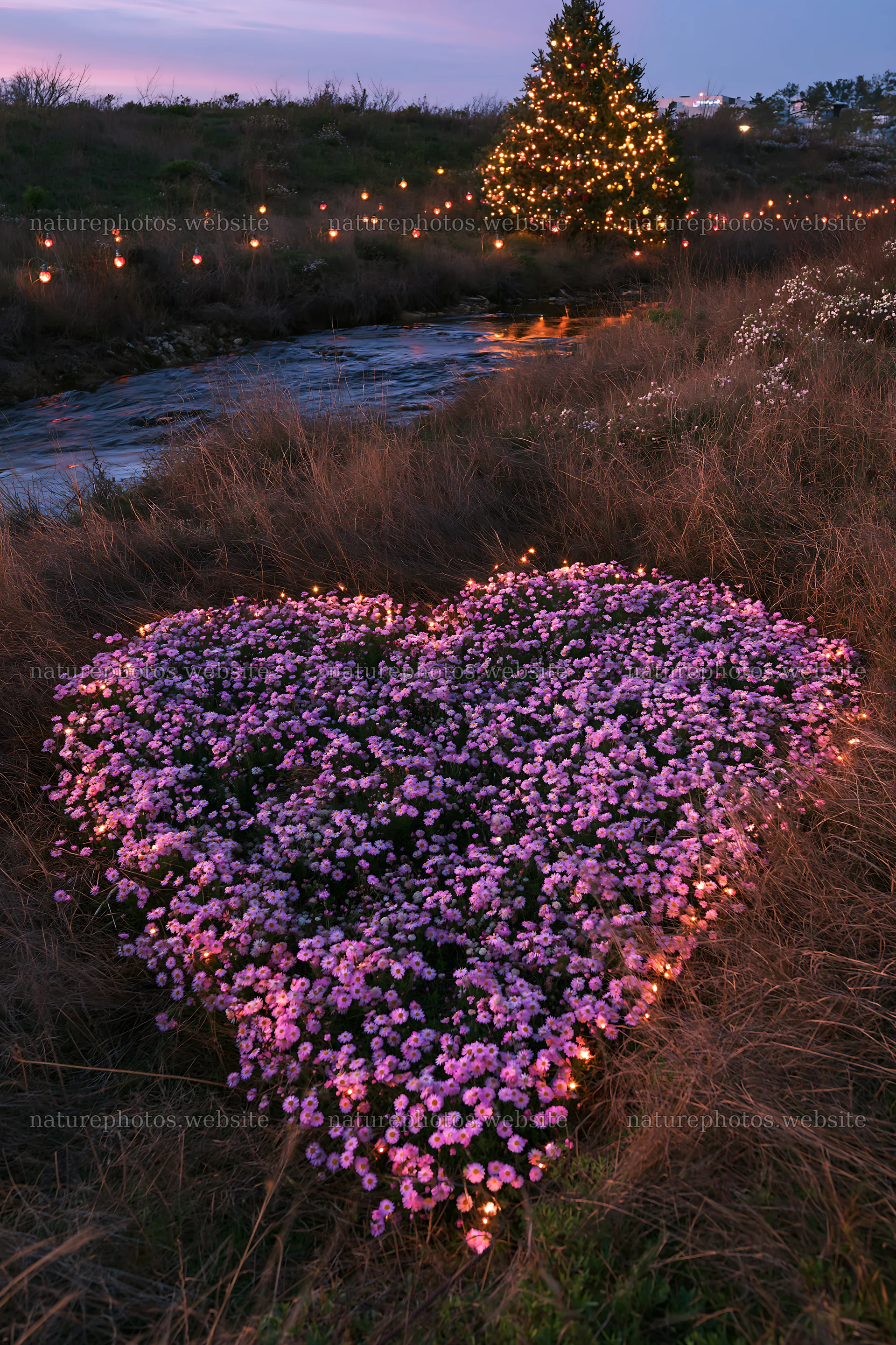 Christmas tree at dusk beside stream in meadow – nature photos 6480x9722