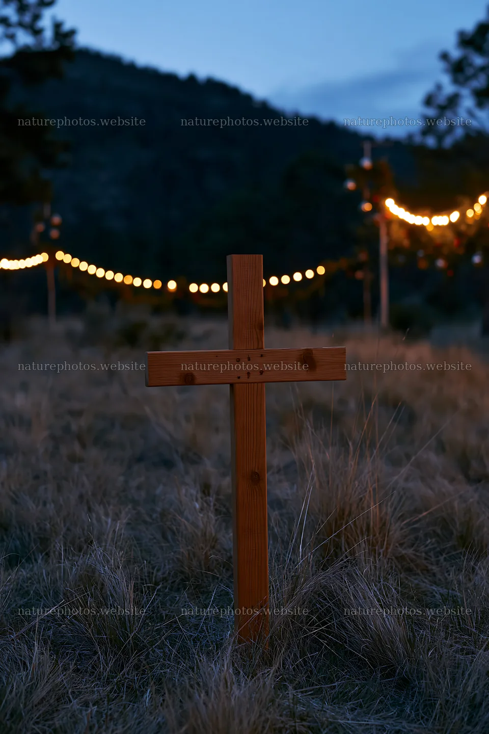 Christian cross in meadow during blue hour – nature photos 6480x9722