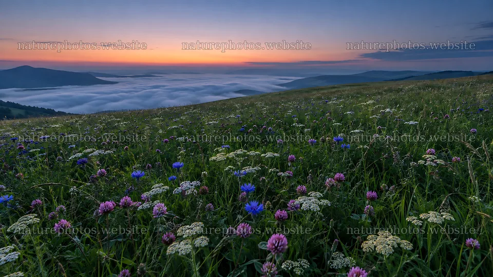 Shadowed Wildflower Meadow at Mountain Twilight – nature photos 10324x5812