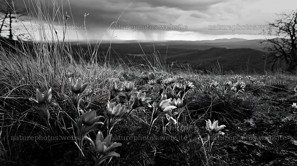 Cloudy pasque flower meadow on limestone slope – nature photos 10608x5938