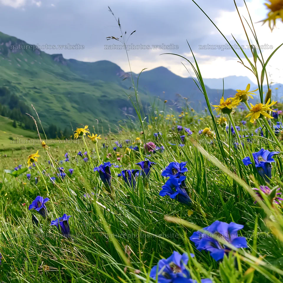 Swiss subalpine meadow with wildflowers and layered ridgelines – nature photos 7938x7938