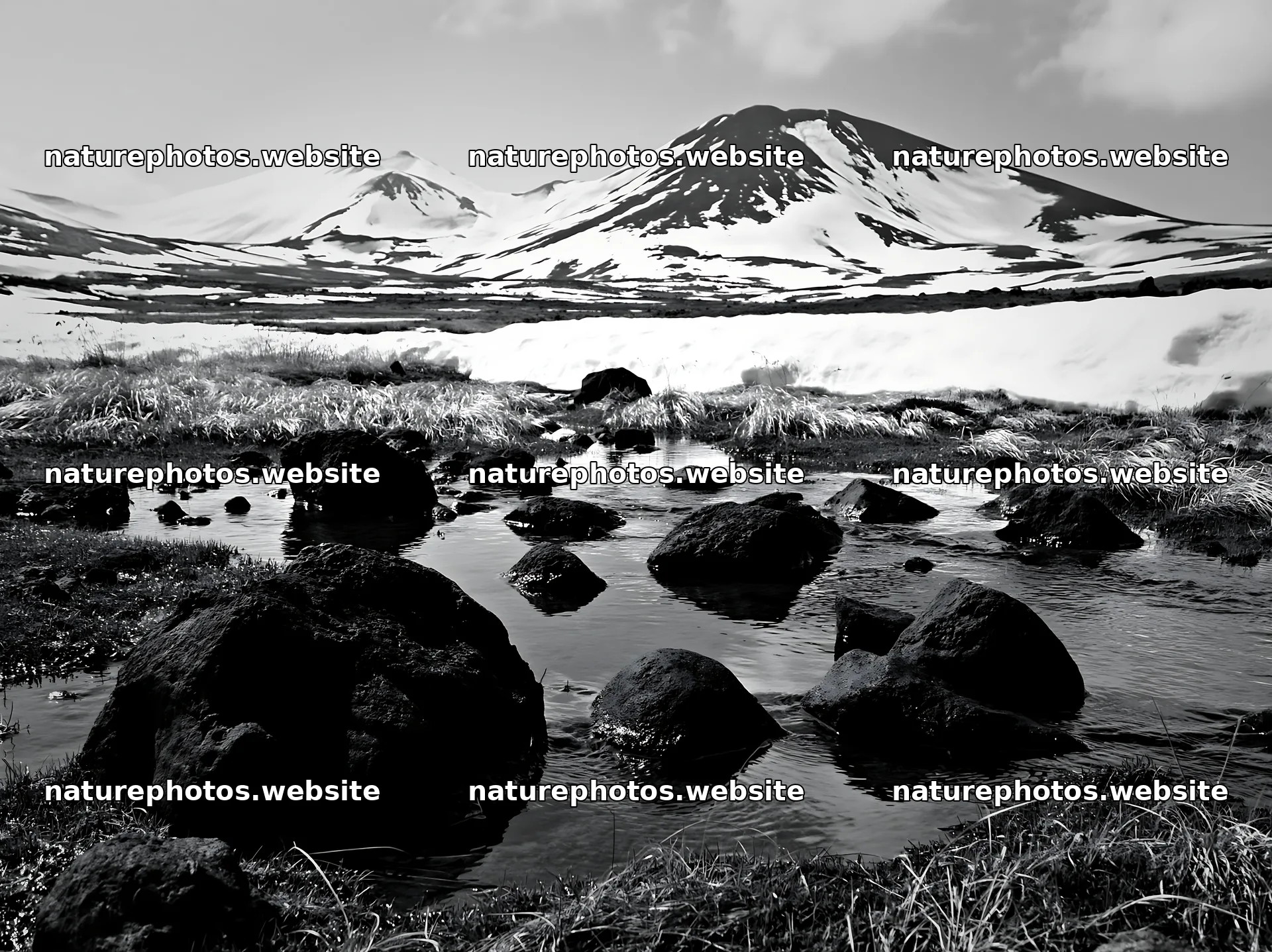 Akita snowmelt meadow with silver grasses and rocky water – nature photos 9174x6866