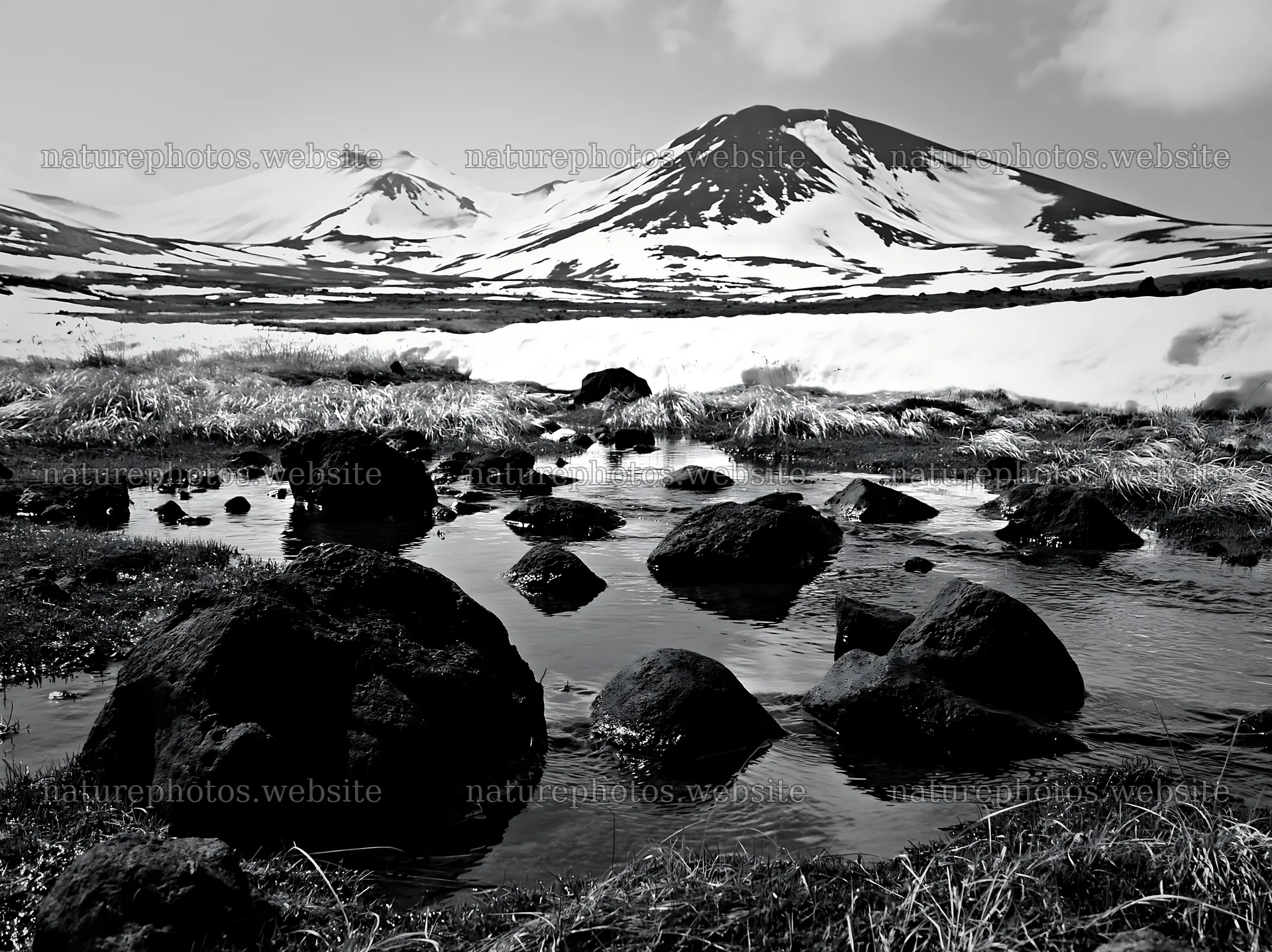 Akita snowmelt meadow with silver grasses and rocky water – nature photos 9174x6866