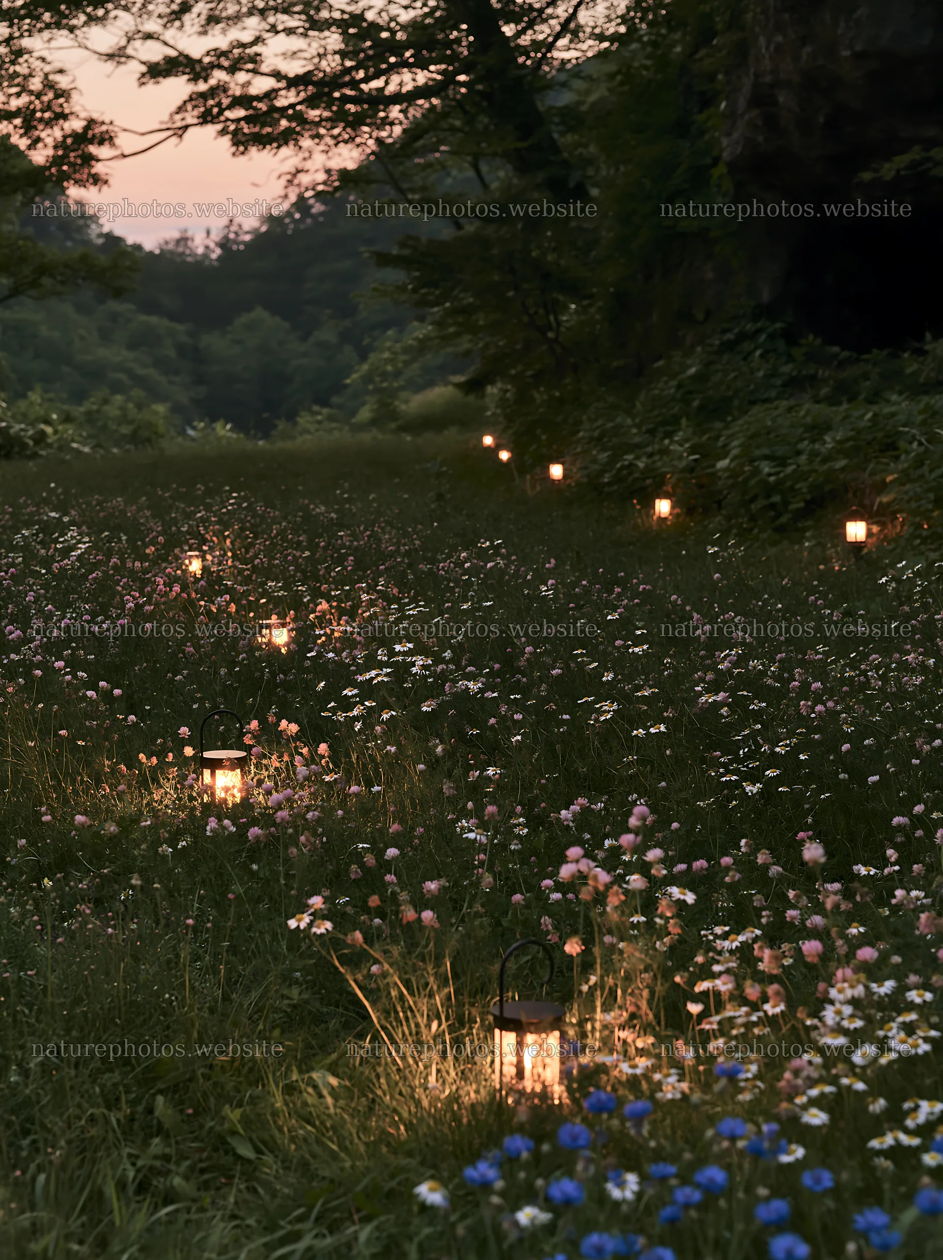 Christmas lights along meadow path by cave at dusk – nature photos 6866x9174