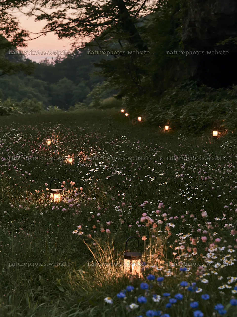 Christmas lights along meadow path by cave at dusk – nature photos 6866x9174