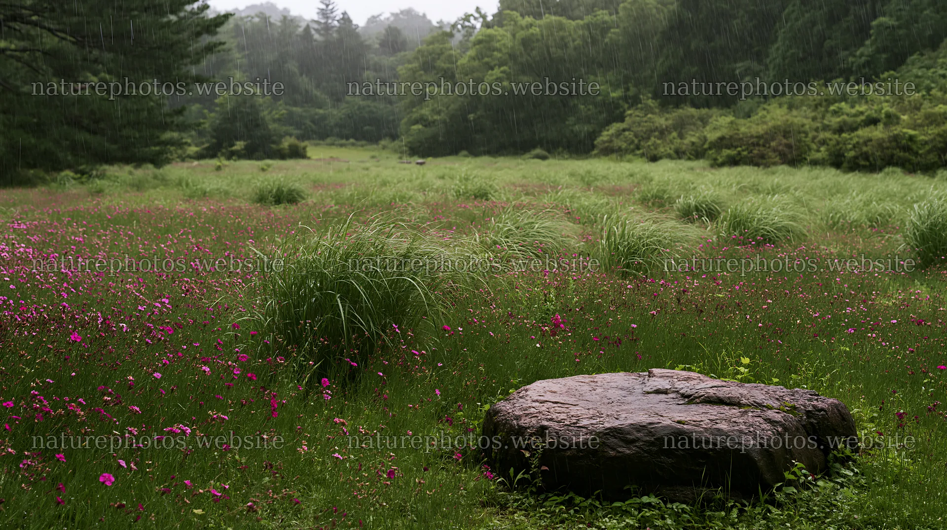 Hiroshima rainy meadow smooth rock foreground – nature photos 10608x5938