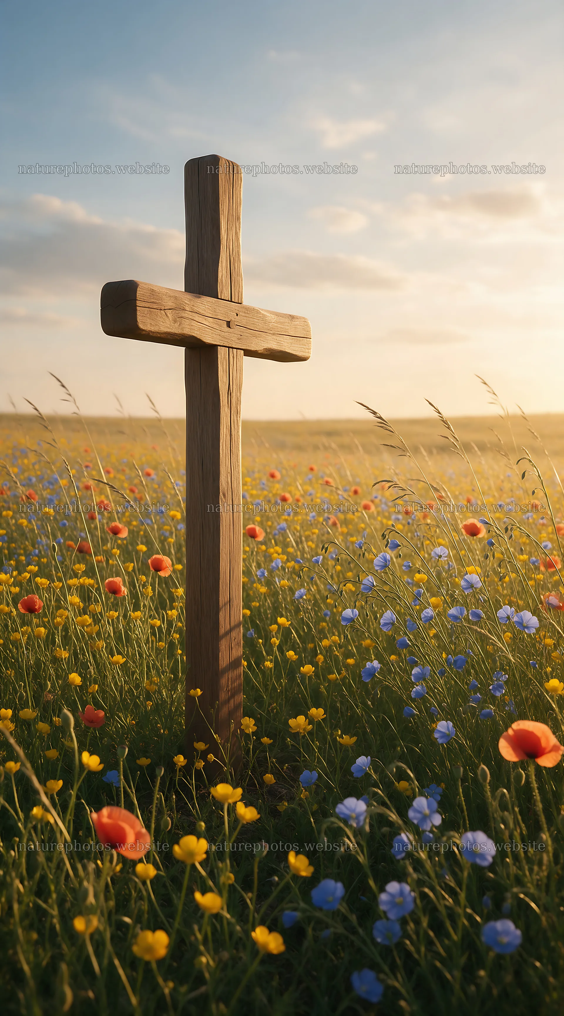 Wooden Christian cross in a meadow at sunrise – nature photos 5916x10648