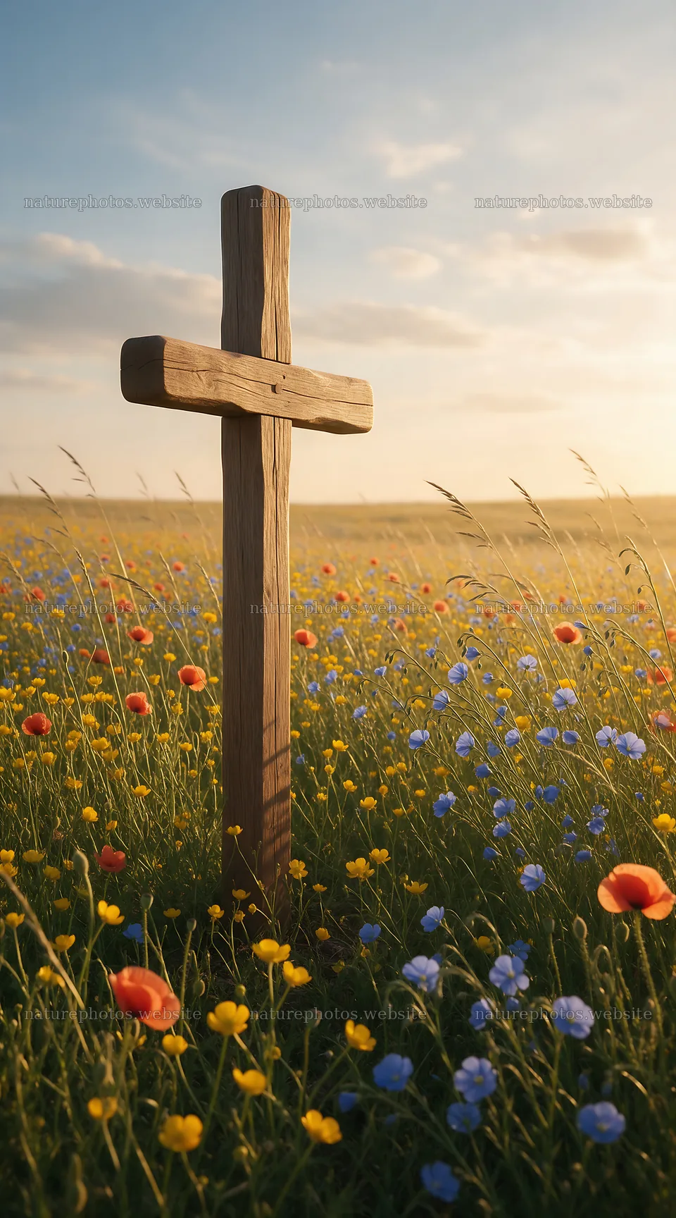 Wooden Christian cross in a meadow at sunrise – nature photos 5916x10648