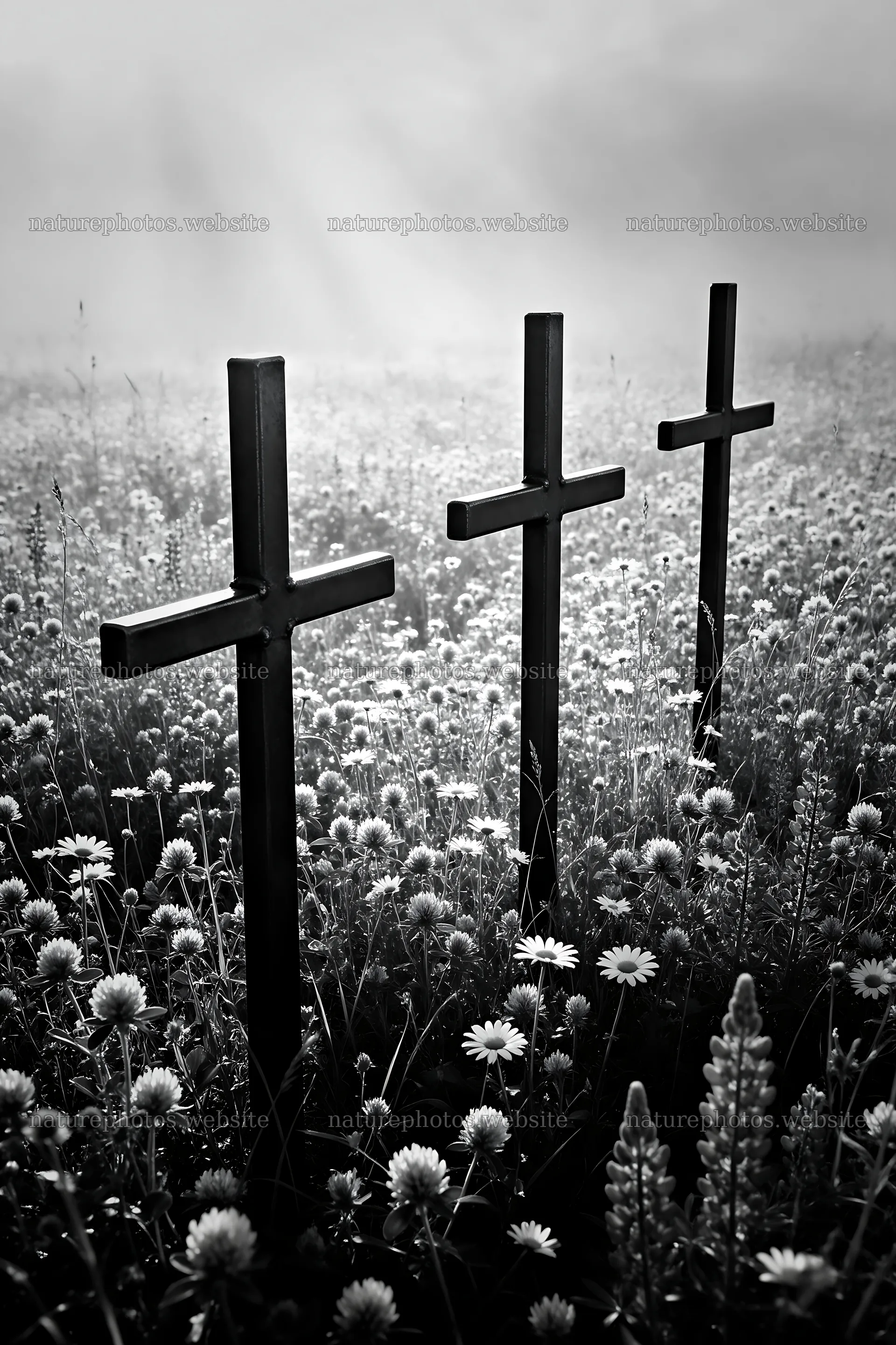 Christian crosses in a meadow with rays of light – nature photos 6480x9722