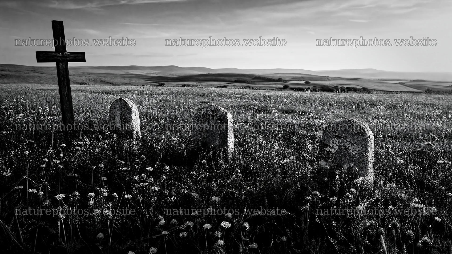 Wooden cross in a meadow at sunrise with light rays – nature photos 10584x5952