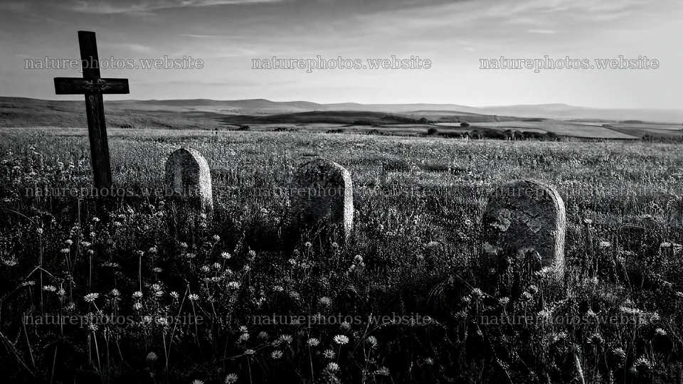 Wooden cross in a meadow at sunrise with light rays – nature photos 10584x5952