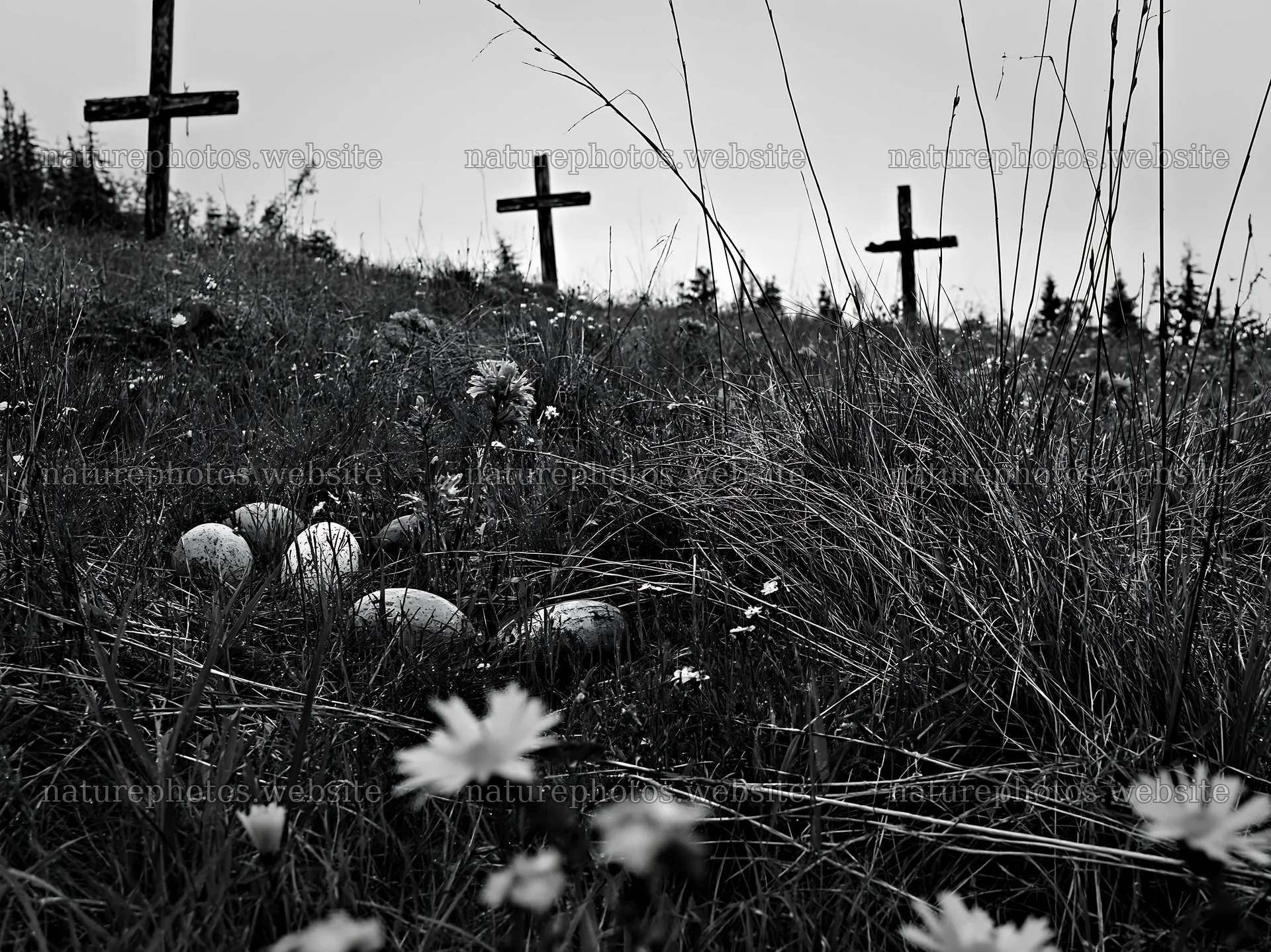 Christian crosses in a rain-soaked meadow – nature photos 9174x6866