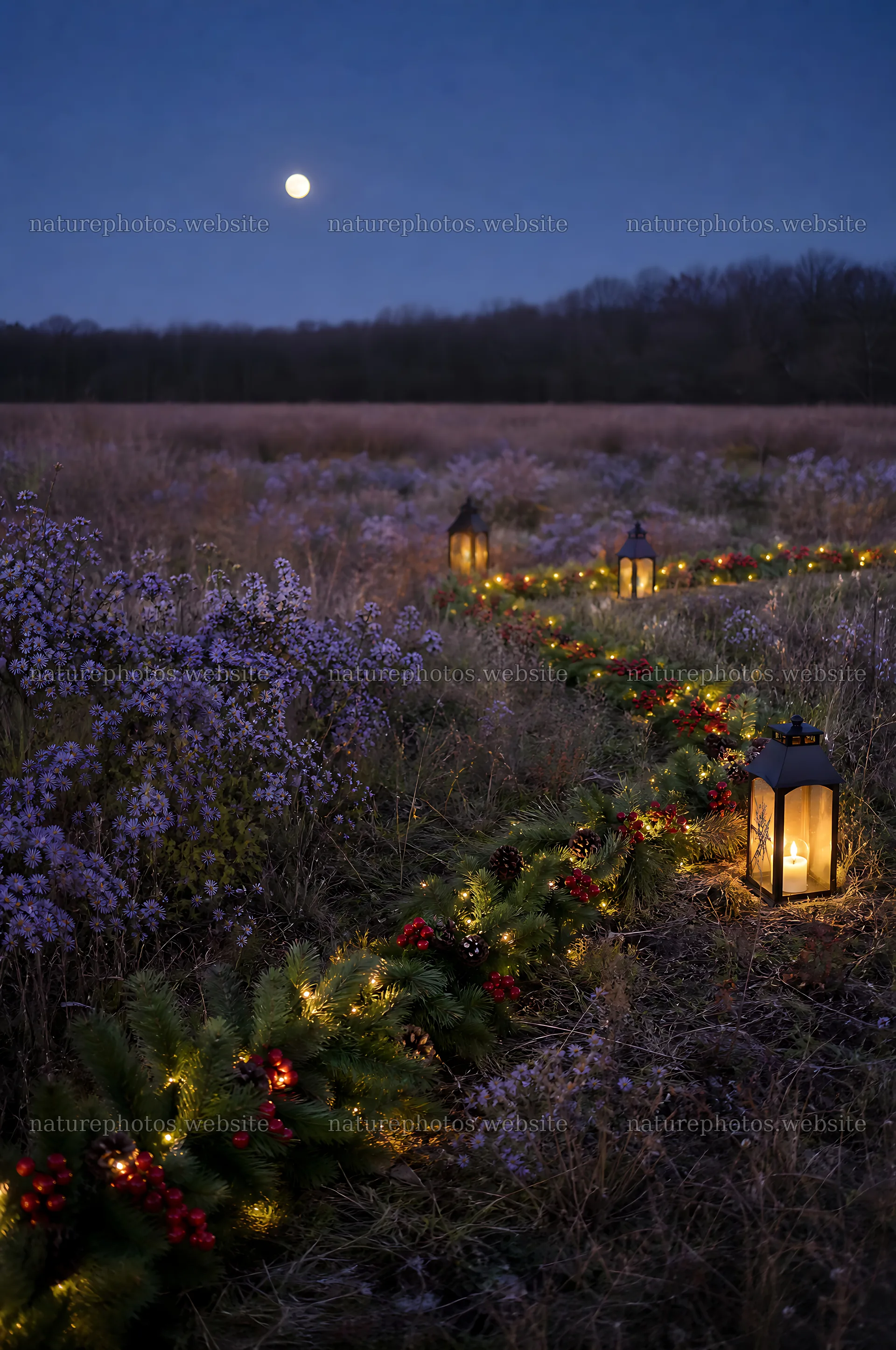Vibrant Christmas garland along path in grass field at night – nature photos 6468x9740