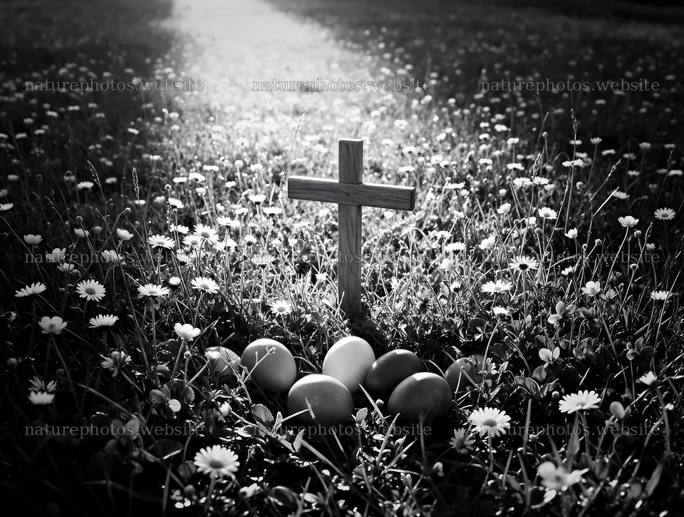 Christian cross in meadow with light rays shining down – nature photos 9134x6898