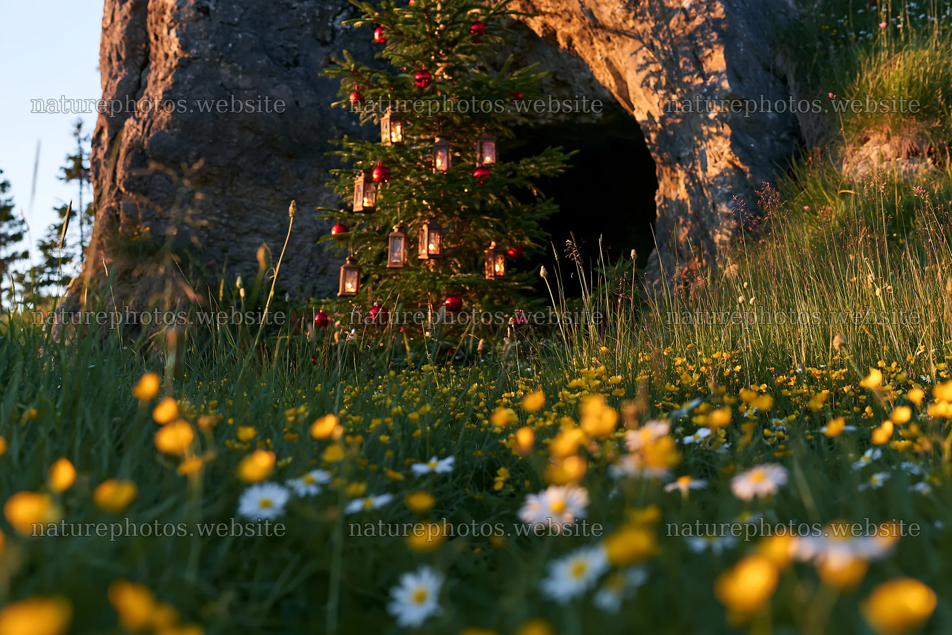 Christmas tree with lanterns in meadow by cave – nature photos 9722x6480