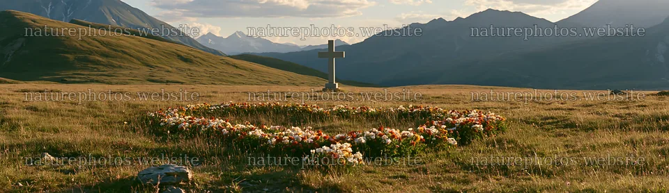 Christian cross in alpine meadow with flowers – nature photos 14762x4268